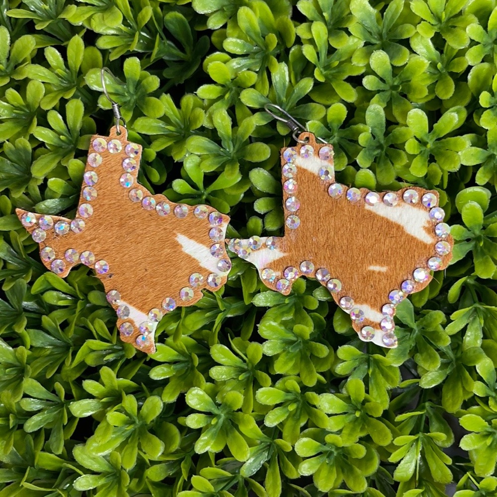 Brown & White Cow Print Texas Shaped Earrings